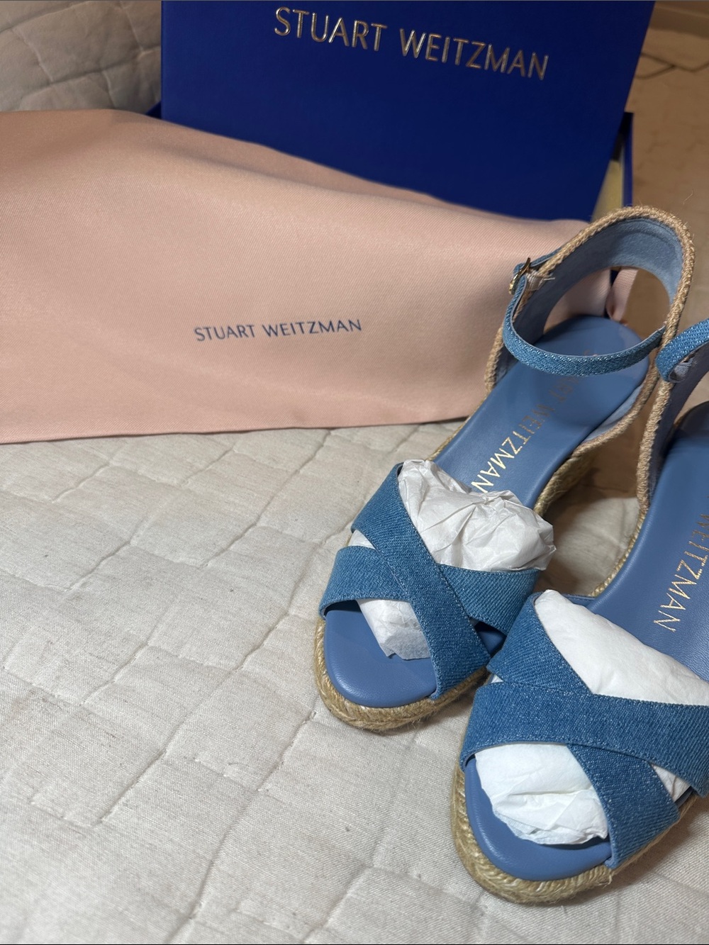 Stuart Weitzman Blue Denim Crisscross Espadrille Wedge Sandals